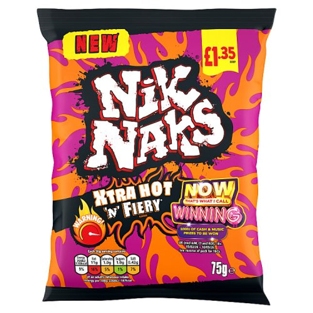 Nik Naks Xtra Hot 'N' Fiery Crisps 75g, £1.35