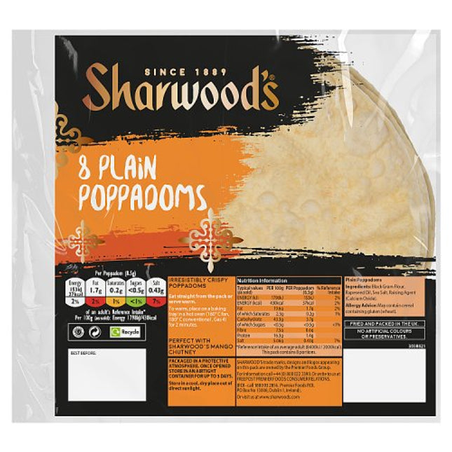 Sharwood's Ready to Eat Plain Poppadoms x8 72g