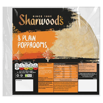 Sharwood's Ready to Eat Plain Poppadoms x8 72g