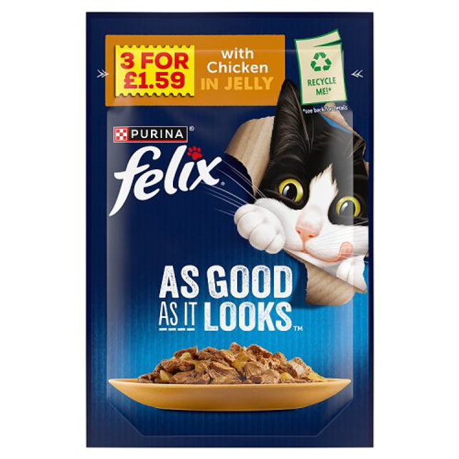 Felix As Good As it Looks Chicken in Jelly Wet Cat Food 85g 3 for £1.59